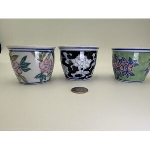 Vintage Trio of Mini Chinoiserie Porcelain Planter Floral 3" Fish Bowl Planters